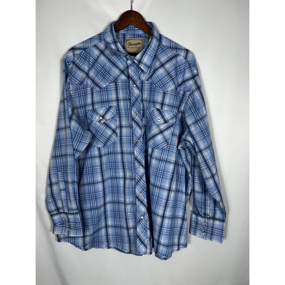 Wrangler Shirt Mens 2X Long Sleeve Pearl Snap Blue Plaid Western Rodeo Ranch Y2K